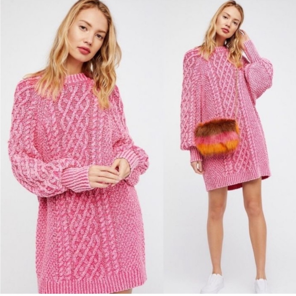 Pink Cable Knit Sweater Dress